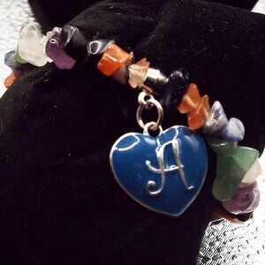 NATURES MULTICOLORED MULTI GEMSTONES NUGGET "A" CHARM BRACELET 72